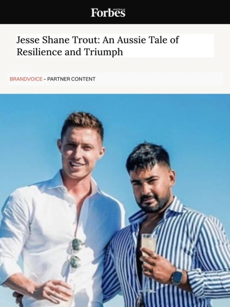 Forbes Australia article page showing Jesse Shane Trout: An Aussie Tale of Resilience and Triumph