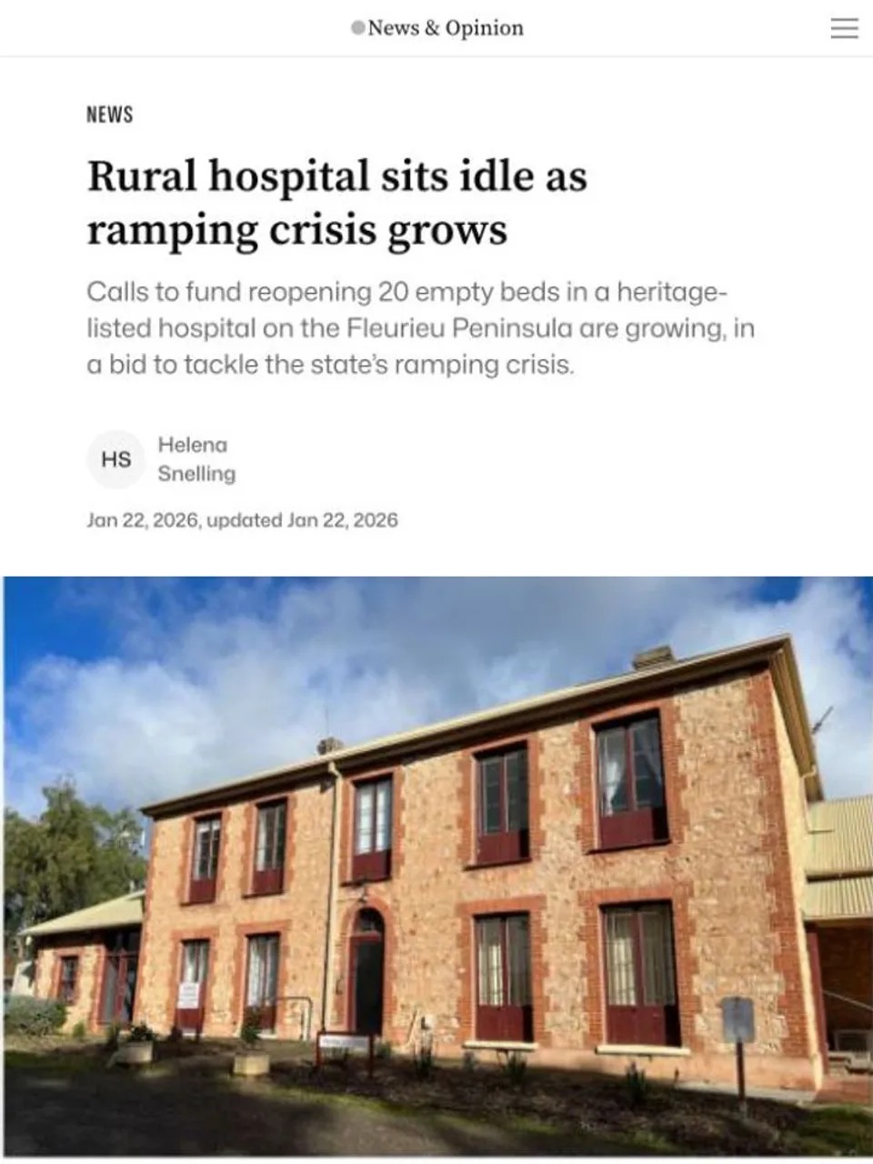 InDaily article page showing Rural hospital sits idle as ramping crisis grows