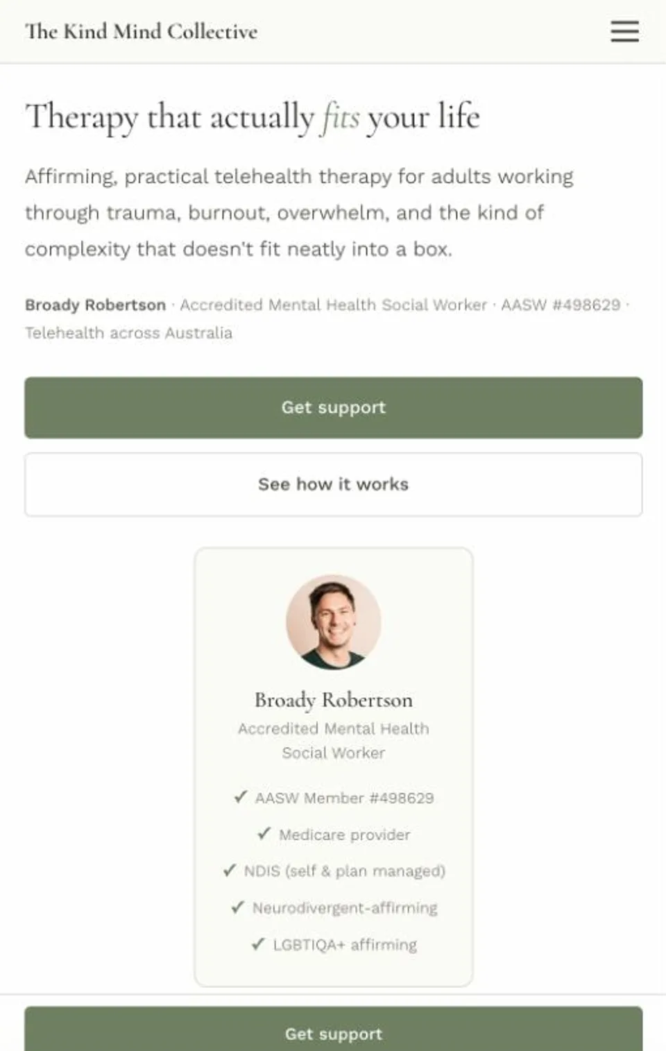 The Kind Mind Co affirming telehealth therapy website home screen