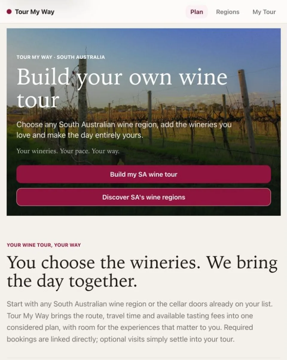 Tour My Way South Australian wine tour planning website home screen