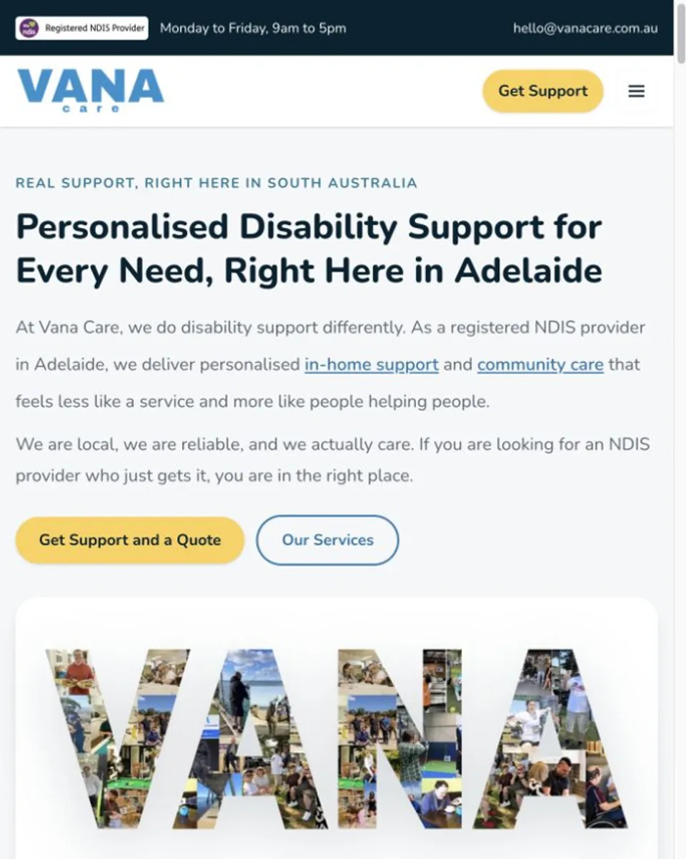 Vana Care disability support website home screen
